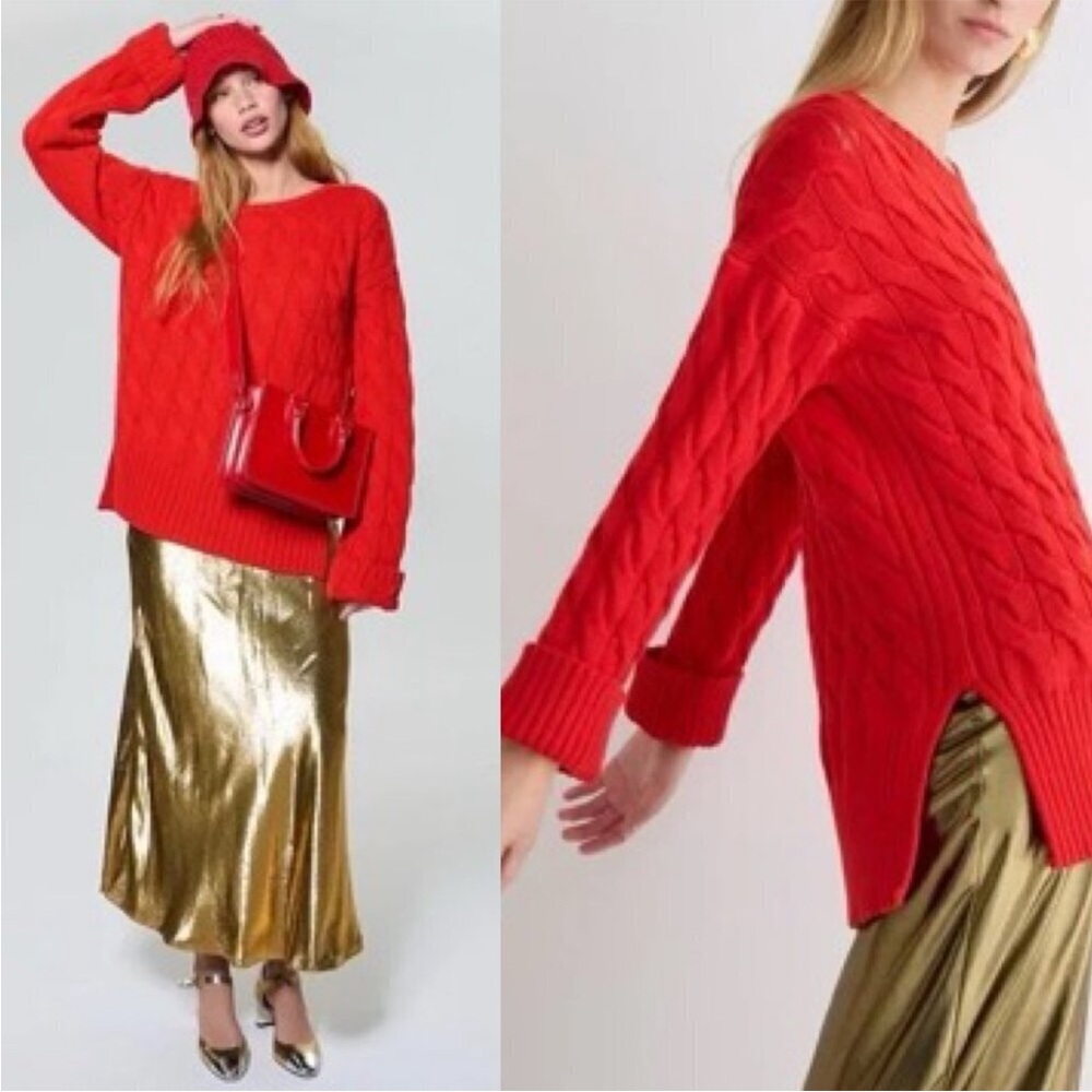 J. Crew Red Cotton Blend Cable Knit Side Slit Crew Neck Sweater